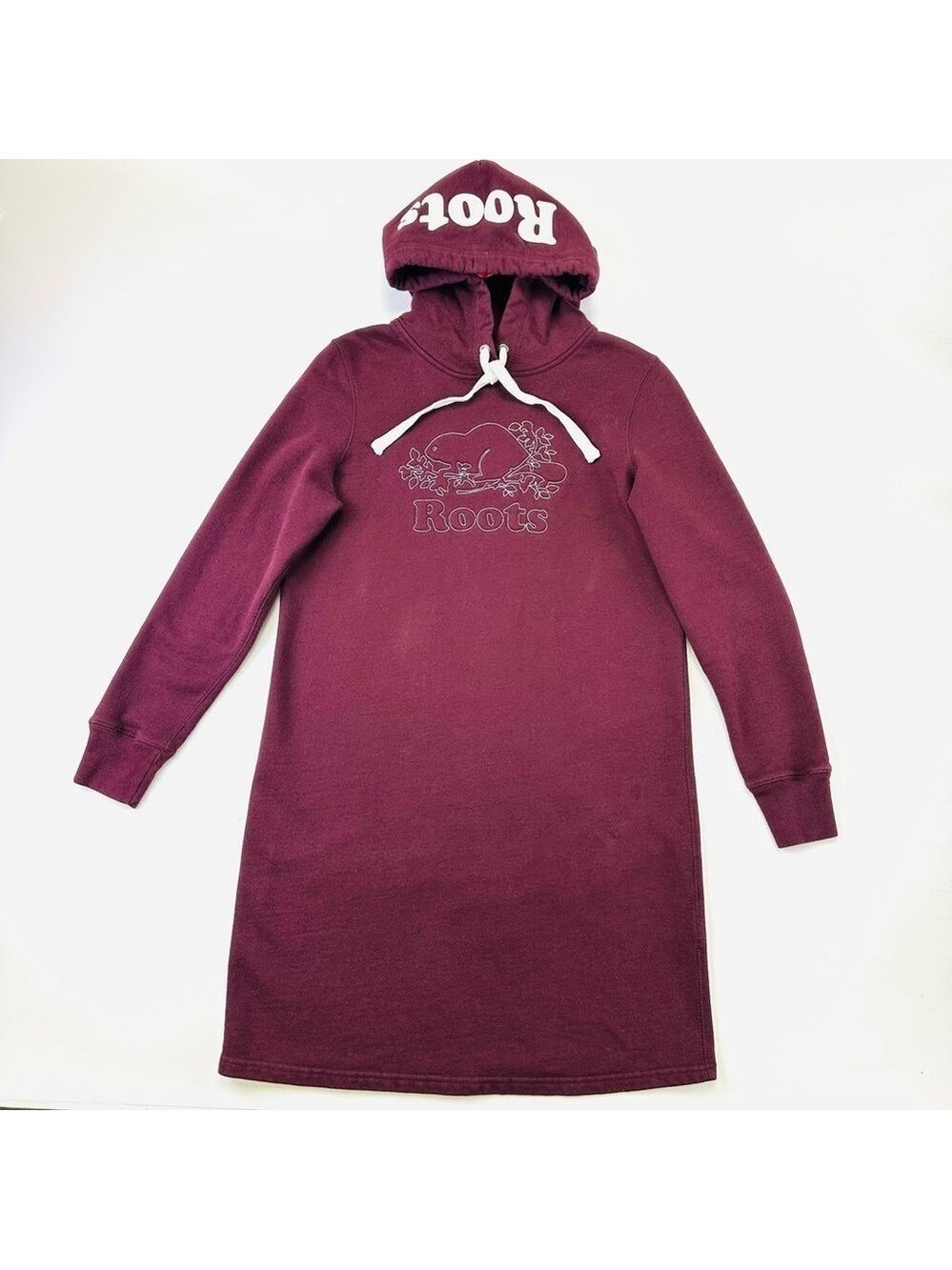 Roots Burgundy Beaver Logo Hoodie Dress Small Casual Athleisure Style